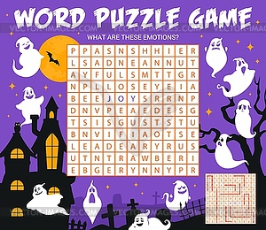 Halloween ghosts on cemetery, word search puzzle - vector clip art