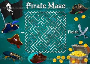 Labyrinth maze pirate flag and tricorn, cocked hat - vector image