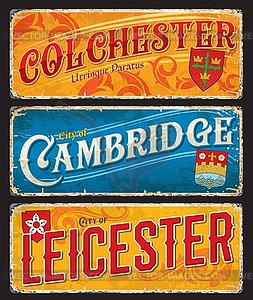 Leicester, Colchester, Cambridge travel stickers - color vector clipart