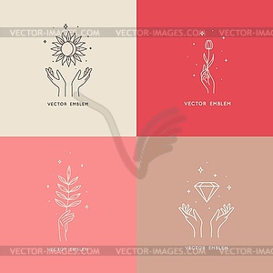 Boho sun, flower, gem and twig with moon and star - vector image