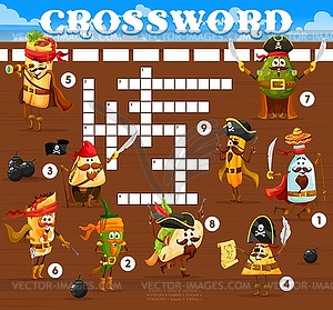 Crossword grid quiz, cartoon Mexican food pirates - vector clip art