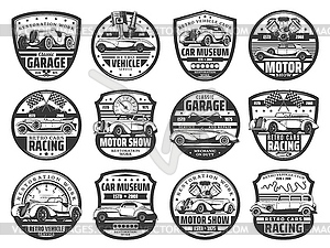 Retro auto motorsport race, car museum icons set - vector clipart