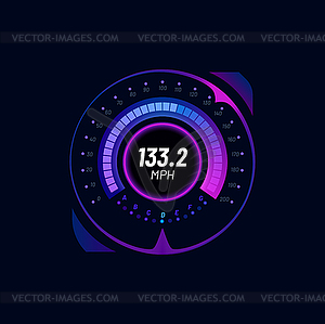 Футуристический автомобильный цифровой спидометр с неоновым циферблатом - векторизованное изображение
