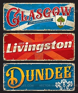 Glasgow, Livingston, Dundee city plates, UK travel - vector image