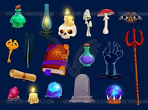 Волшебные и магические предметы для Хэллоуина, игровые активы - иллюстрация в векторном формате