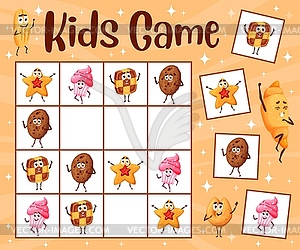 Sudoku game worksheet, cartoon bakery and cookies - vector clipart