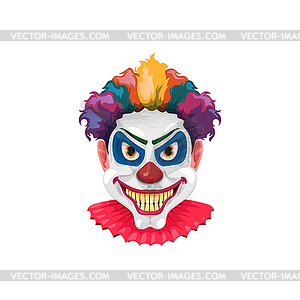Monster clown in wig and scary smile face - vector image