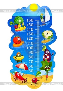 Таблица роста детей, мультяшные овощи на летнем пляже - цветной векторный клипарт