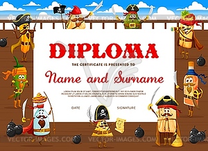 Kids diploma, cartoon Mexican food pirate corsairs - vector clipart / vector image