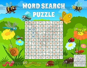 Cartoon funny insects on meadow word search puzzle - vector clipart