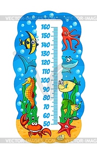 Kids height chart, underwater cartoon sea animals - vector image