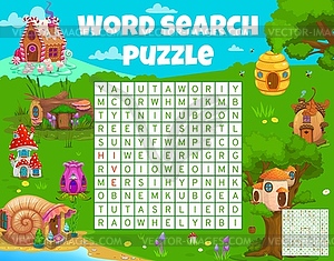 Cartoon fairytale houses, word search puzzle game - vector image