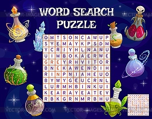 Magic potion bottles of halloween word search game - vector clipart