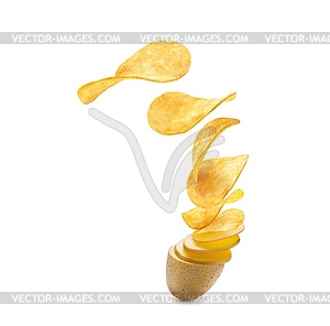 Potato slices flying and turning into crispy chips - vector clipart