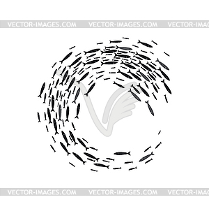 Fish school, round frame of shoal tunas silhouette - vector clipart