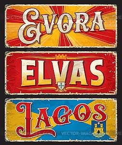 Lagos, Evora, Elvas, Portuguese travel city plates - vector image