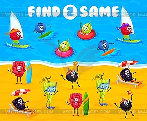 Find two same cartoon berry characters on beach - vector clipart / vector image