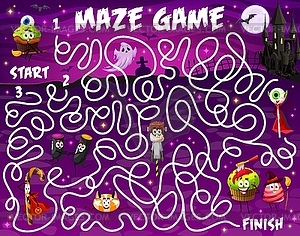 Labyrinth maze game, cartoon Halloween candies - vector clip art