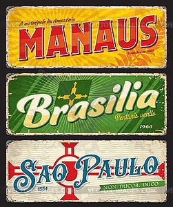 Brasilia, manaus, Sao Paulo city travel plates - vector image