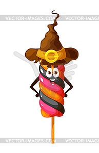 Halloween lollipop wizard in brown hat, dessert - vector image