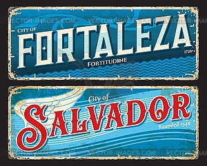 Fortaleza, Salvador brazilian city travel stickers - vector clip art