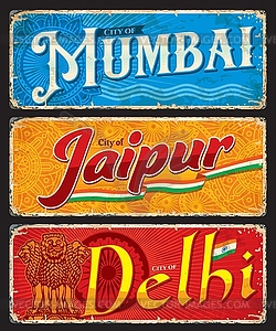 Mumbai, jaipur, delhi indian travel plate, sticker - vector clip art