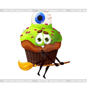 Cartoon Halloween cupcake on broom character - vector clipart