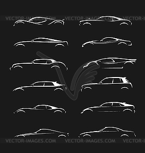 Futuristic car silhouettes, supercar vehicle icons - white & black vector clipart