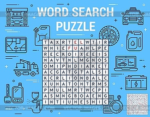 Car spare parts, garage station word search game - vector clip art