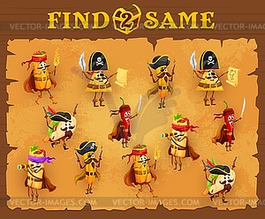 Find two same cartoon mexican food pirates game - vector clipart