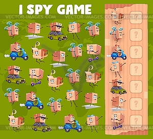 I spy game worksheet with package box characters - vector image