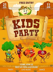 Kids party flyer with cartoon vegetables cowboys - vector clipart / vector image