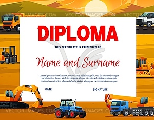 Kids diploma with construction industry machinery - vector clipart