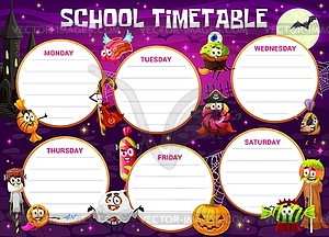 Timetable schedule, cartoon Halloween candies - vector clipart