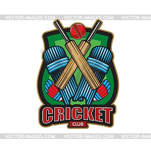 Cricket game icon with ball, bat and sport items - royalty-free vector clipart