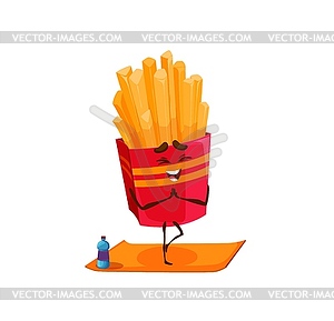 Cartoon french fries character on yoga fitness - vector image