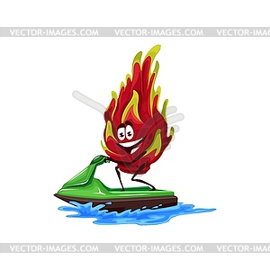 Cartoon cheerful dragon fruit on water scooter - color vector clipart