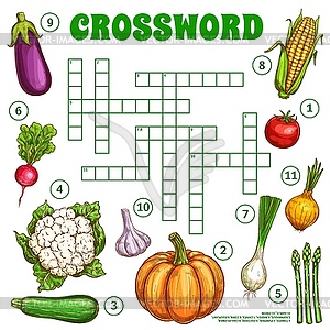 Raw sketch vegetables crossword grid worksheet - vector clip art