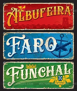 Funchal, Faro, Albufeira, Portuguese city plates - vector image