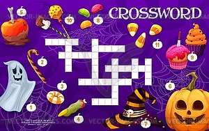 Crossword quiz game grid, Halloween holiday sweets - vector clipart