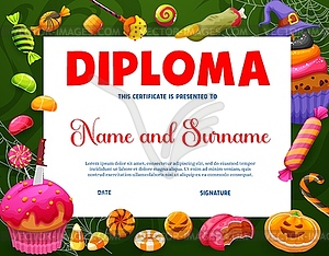 Halloween kids diploma, holiday sweets and candies - vector image