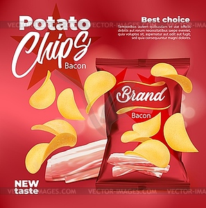 Реалистичная упаковка картофельных чипсов со вкусом бекона - графика в векторном формате