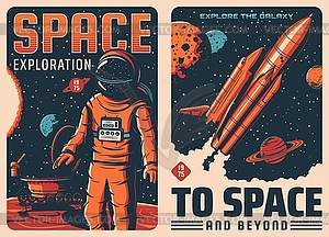 Space exploration, astronaut and spaceship posters - vector image