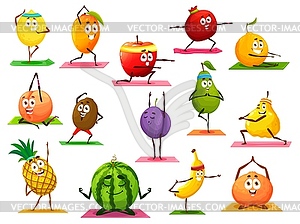 Cartoon fruits on yoga pilates, fitness - vector clipart