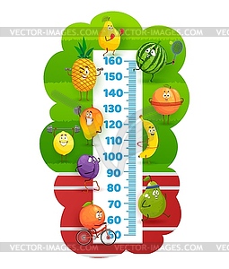 Happy fruits on stadium field, kids height chart - vector image