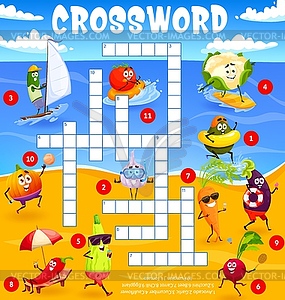 Cartoon vegetables, summer beach, crossword puzzle - vector image