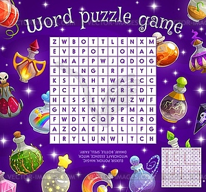 Magic potion bottles word search puzzle quiz game - vector clipart