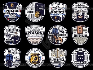 Police and law icons, justice court and policeman - vector image