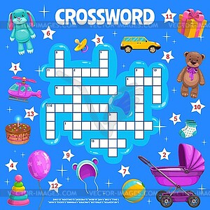 Crossword puzzle game with cartoon kids toys - vector clipart
