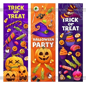 Halloween holiday banners, sweets and candies - vector image